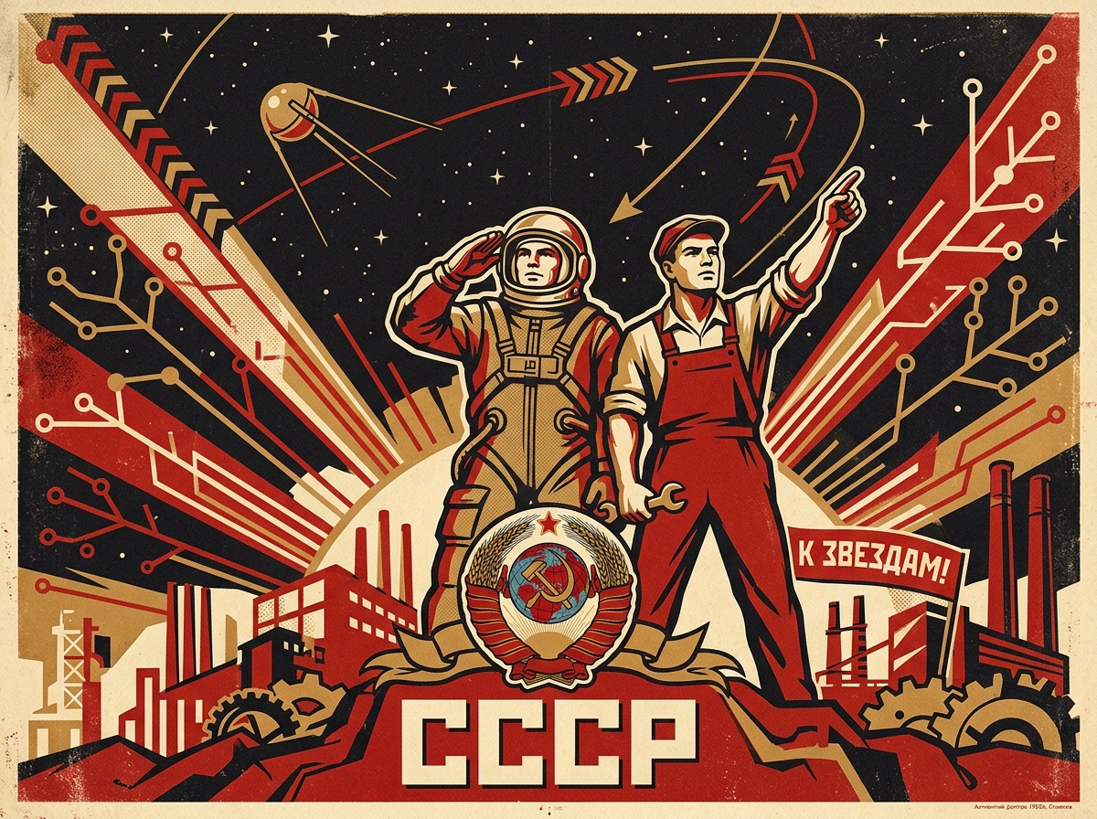 1950s Soviet propaganda poster for CCCP: Heroic cosmonaut and worker reaching to the stars with Sputnik and Git branching lines